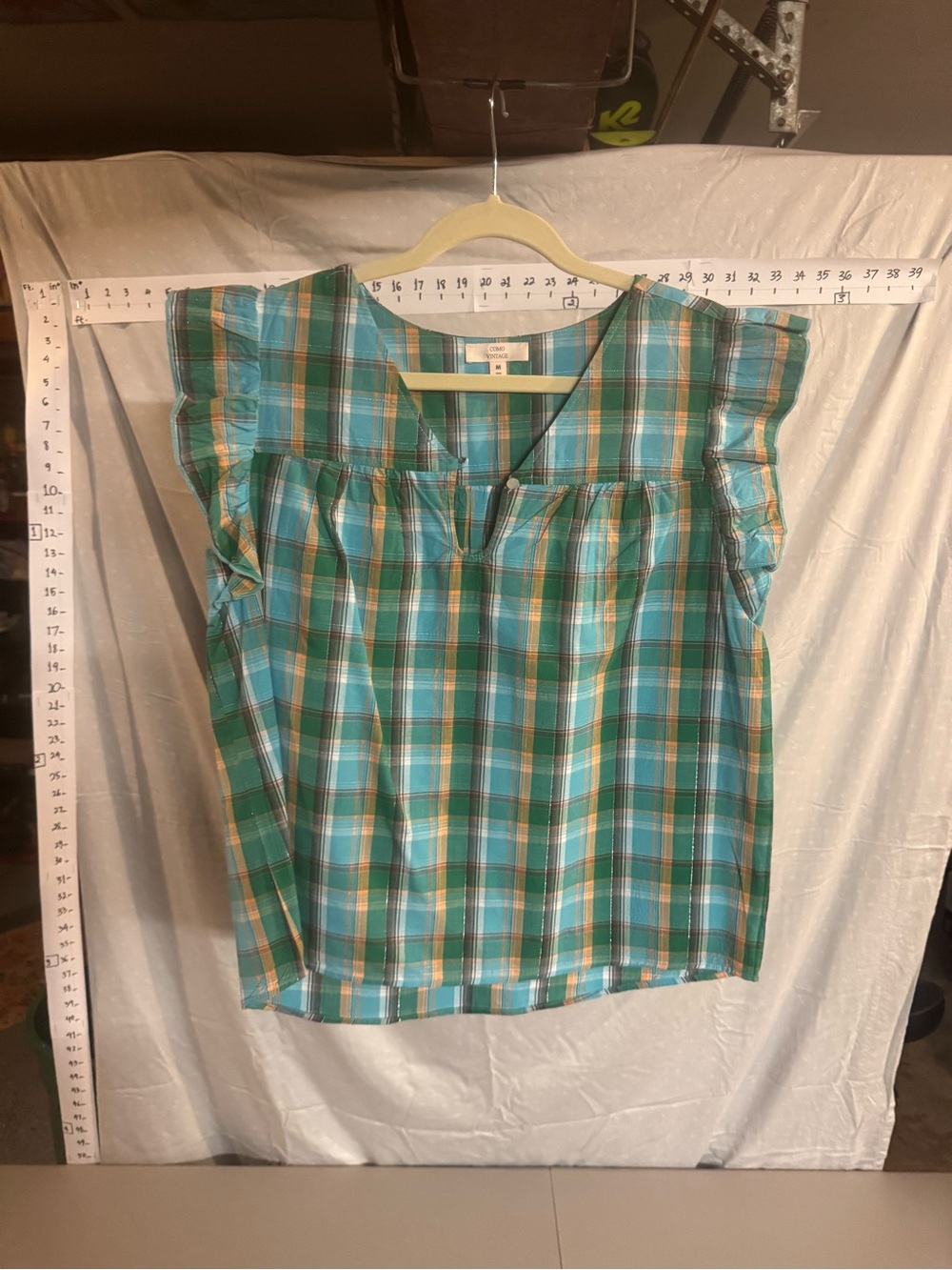 Teal and Green Plaid Flutter Sleeve Blouse